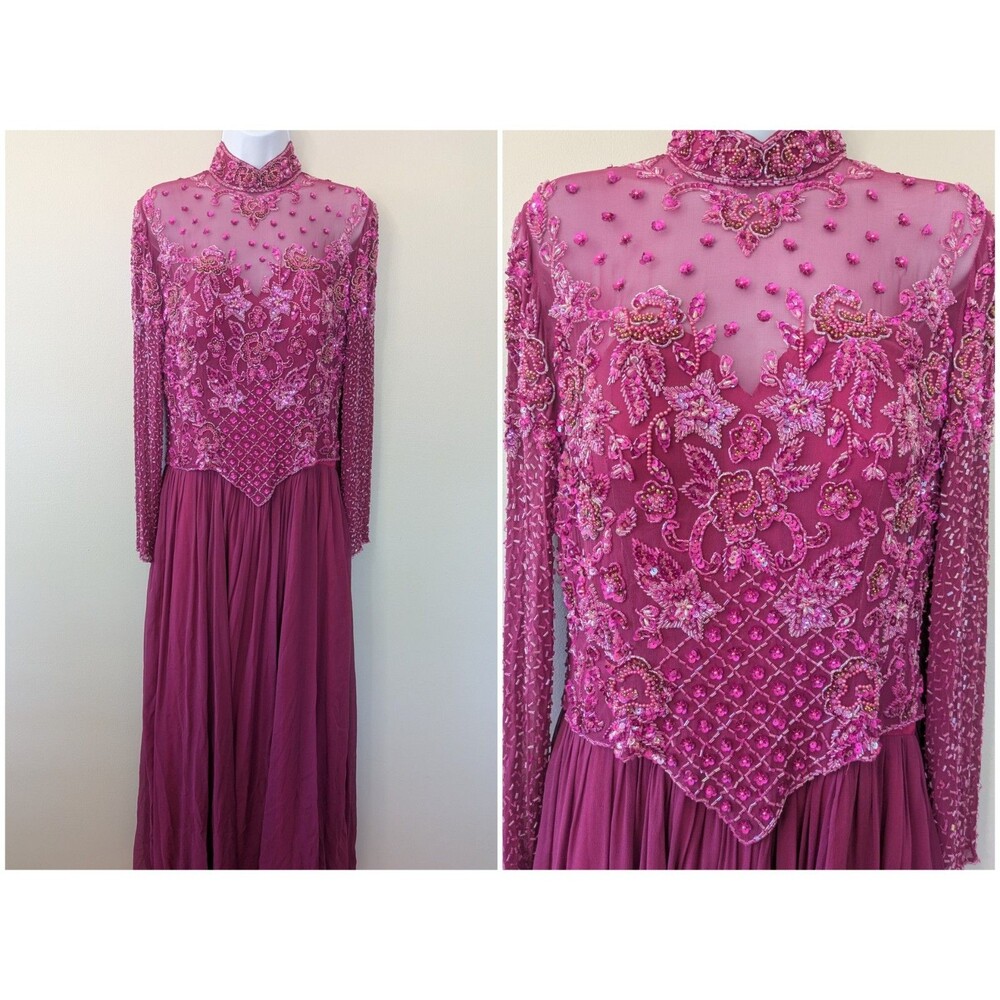 Vintage Beaded Silk Gown Regency High Neck Floral Sheer Long Sleeve Fuschia S?